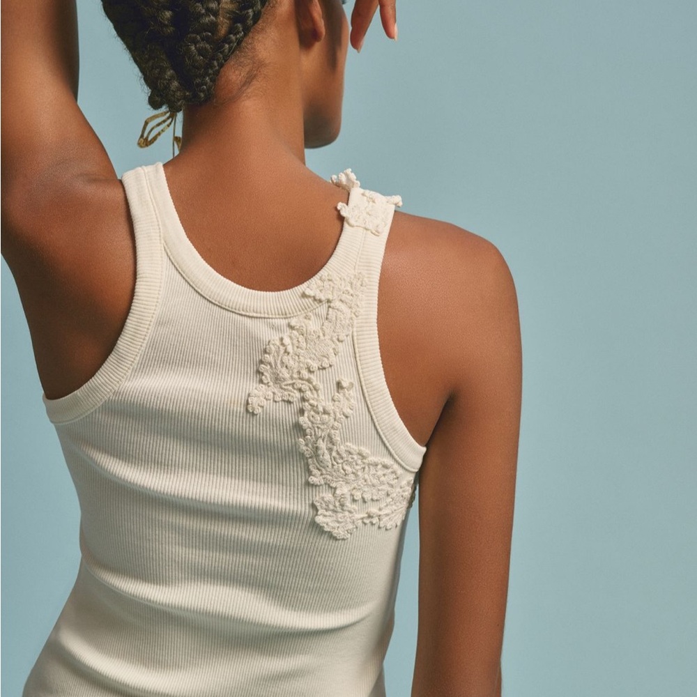 By Anthropologie Ivory The Pippah Lace Appliqué Tank Top Medium - Picture 2 of 10